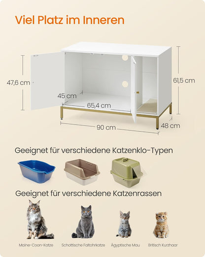 Katzenklo-Schrank PCL027W01 mit Kratzmatte und hohen Beinen, 90 x 48 x 61.5 cm Weiss + Goldfarben