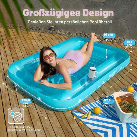 Aufblasbarer Sonnenpool mit abnehmbarem Kissen und Getränkehalter, Blau L