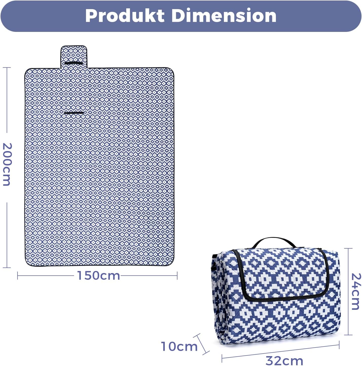 Wasserdichte Picknickdecke, 150 x 200 cm (Rechteckig) Blau