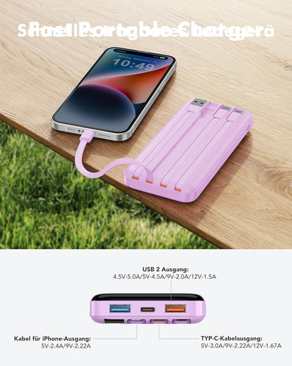 Powerbank mit 3 verschiedenen Ausgangskabeln, 20000mAh Lila