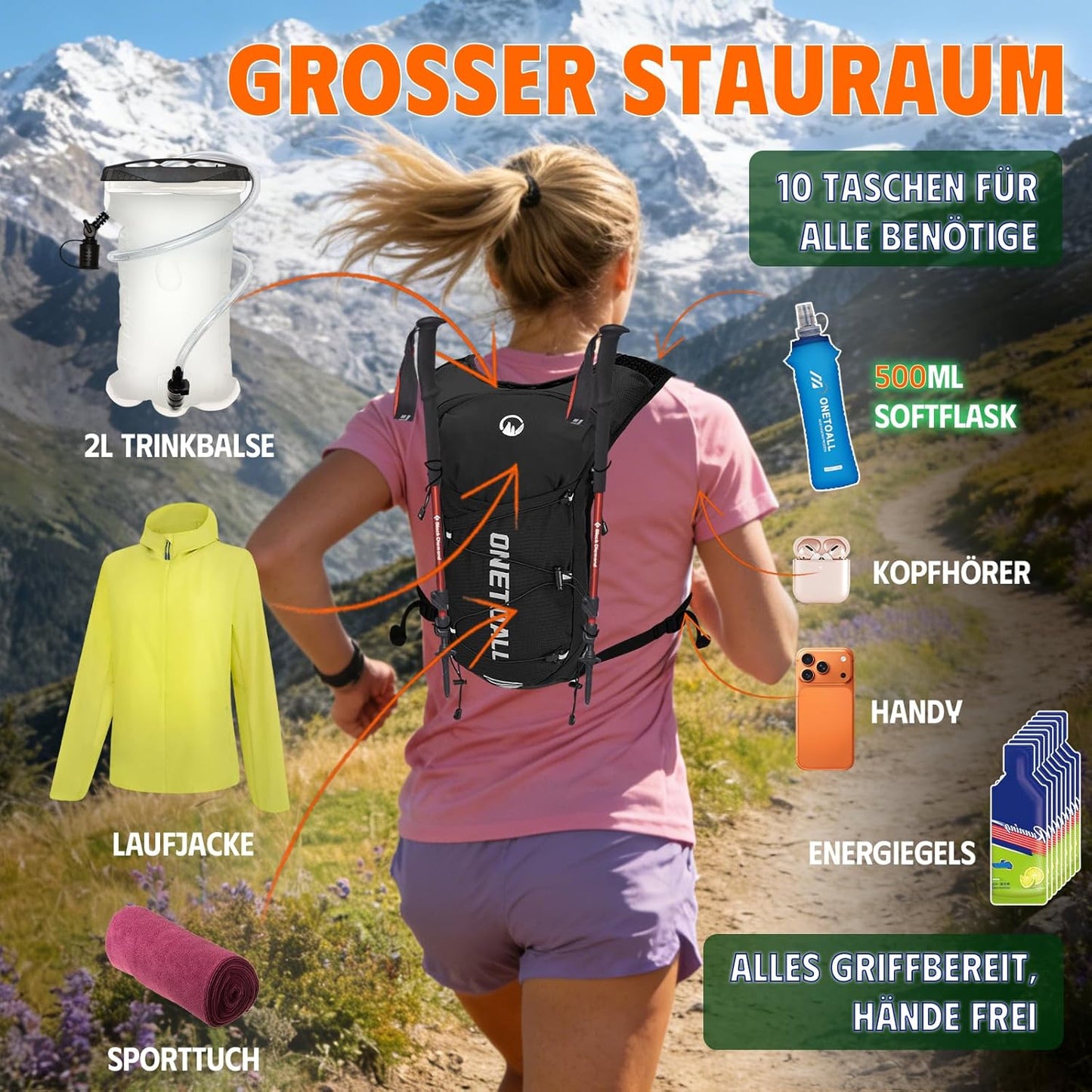 Leichte Laufweste mit Trinksystem (6L, inkl. 2L Blase), Schwarz mit eine 500ml Trinkflasche + eine 2L Trinkblase