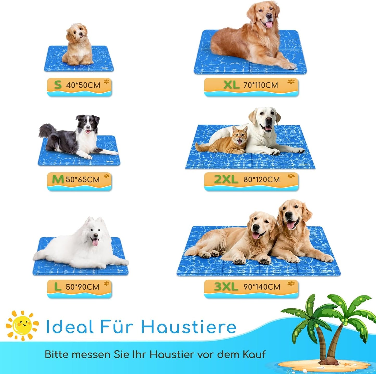 Kühlmatte für Haustiere, selbstkühlend und ungiftig, L 65 x B 50 x H 2 cm Blau