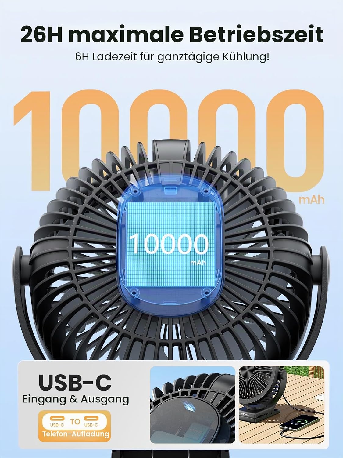 Tragbarer Tischventilator DJ10 mit 720° Drehung & LED-Licht, 10000mAh