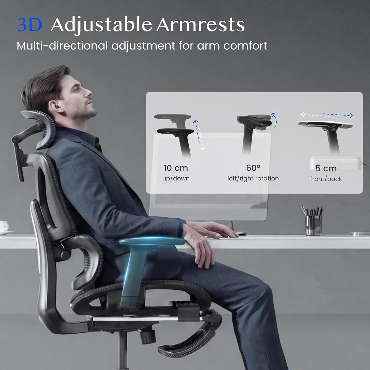 Ergonomischer Bürostuhl mit Fussstütze, 3D-Funktionen, Schwarz(mit Fussstütze) Lite