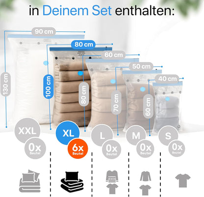 6-teiliges Vakuumbeutel-Set für Bettdecken, 6x Beutel - (6xXL (80x100 cm))