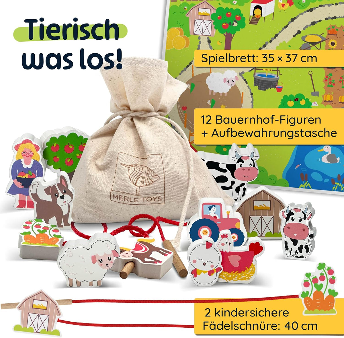 Fädelspiel Bauernhof mit Holzfiguren und Spielbrett
