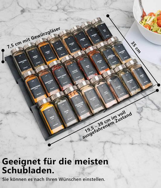 Gewürzgläser-Set mit Schubladeneinsatz, 24 Stk, aus Teilen, Schwarz, Deckel Edelstahl
