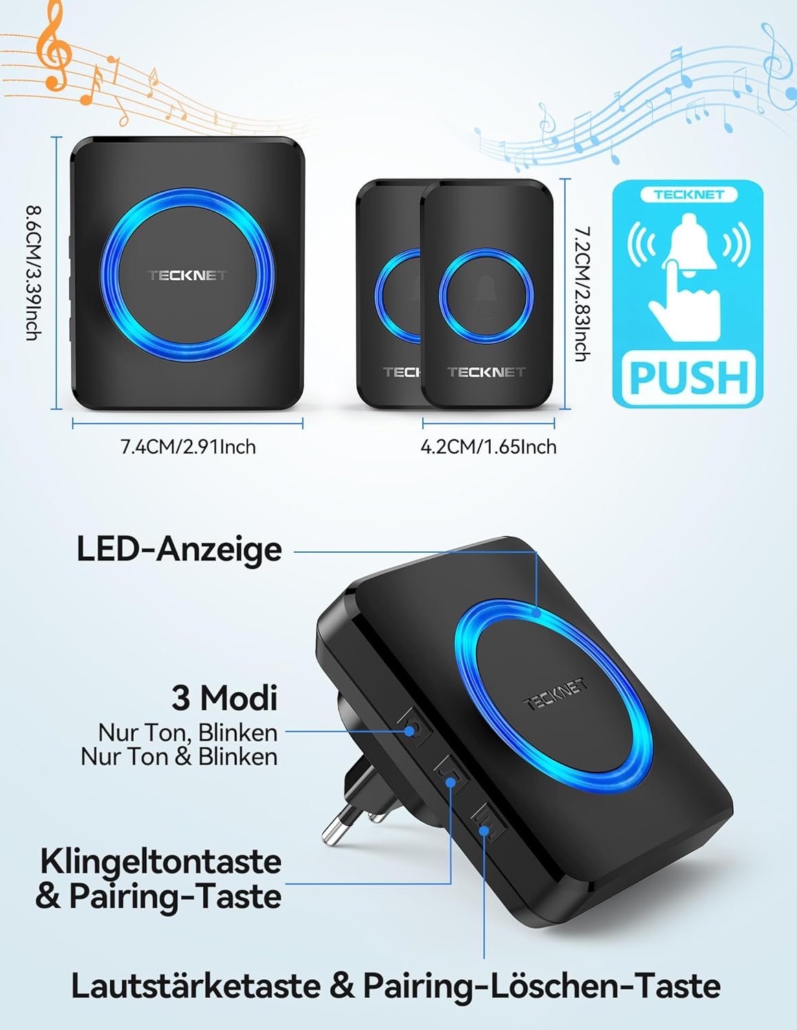 Funkklingel-Set mit 600m Reichweite, 1 Plug-In-Empfänger und 2 Sender, Schwarze Leds