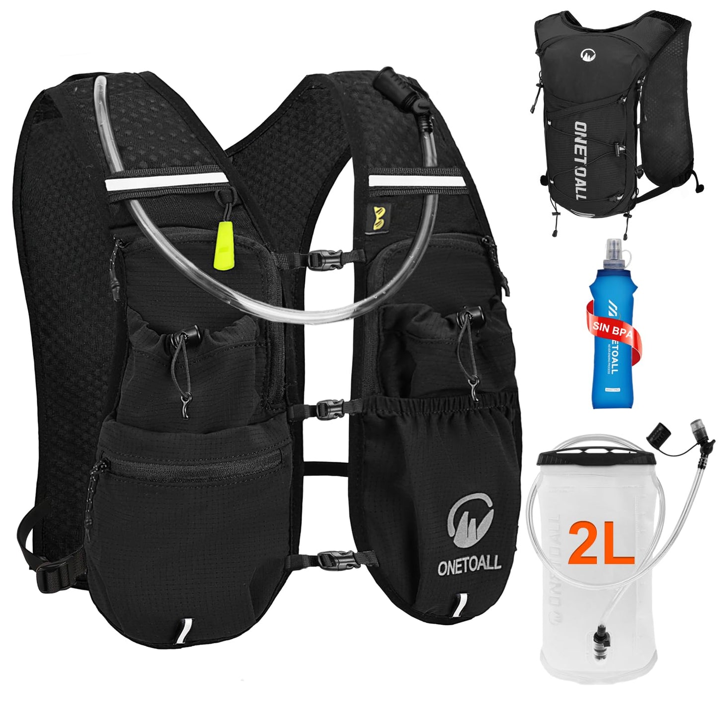Leichte Laufweste mit Trinksystem (6L, inkl. 2L Blase), Schwarz mit eine 500ml Trinkflasche + eine 2L Trinkblase
