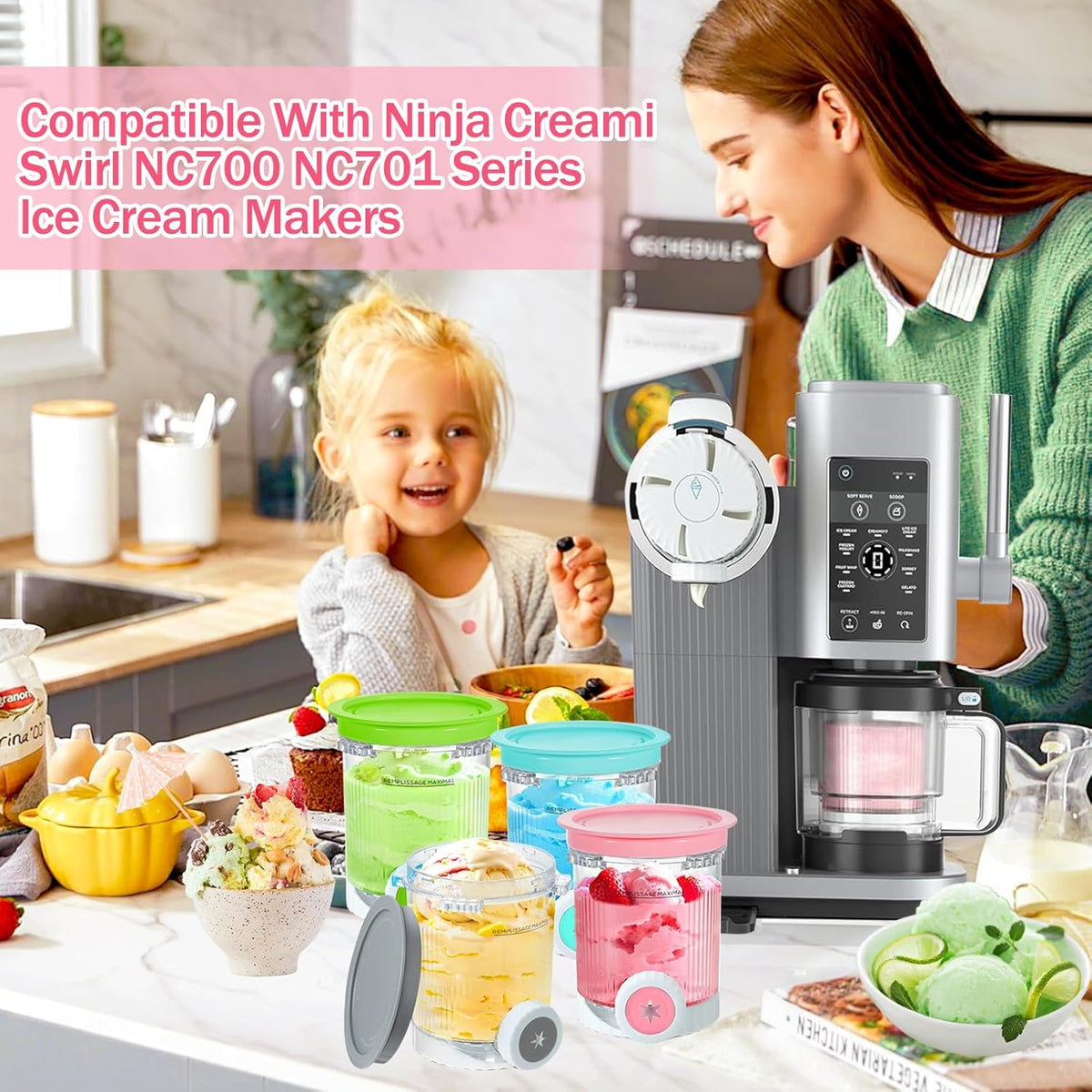 4-teiliges Eisbehälter-Set für Ninja Swirl Eismaschine, Farbenfroh