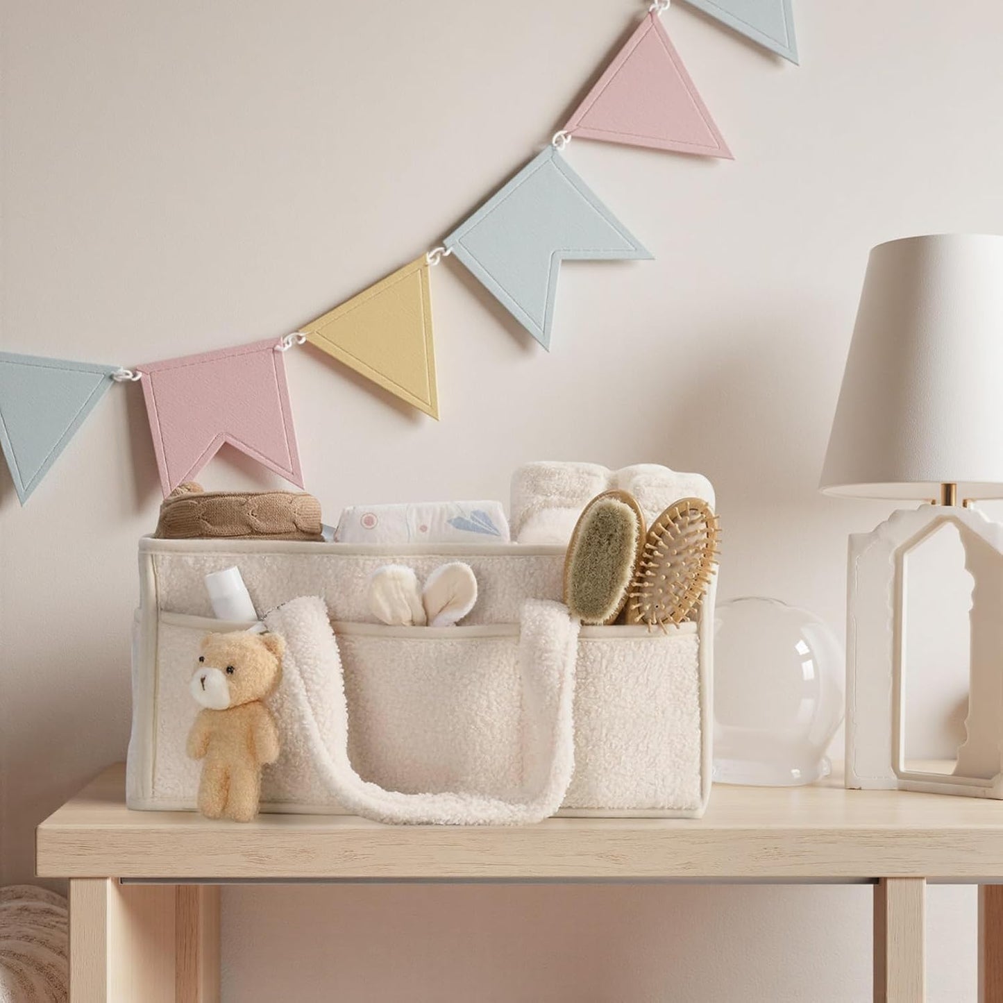 Wickeltisch Organizer mit Fächern & Griffen, Beige