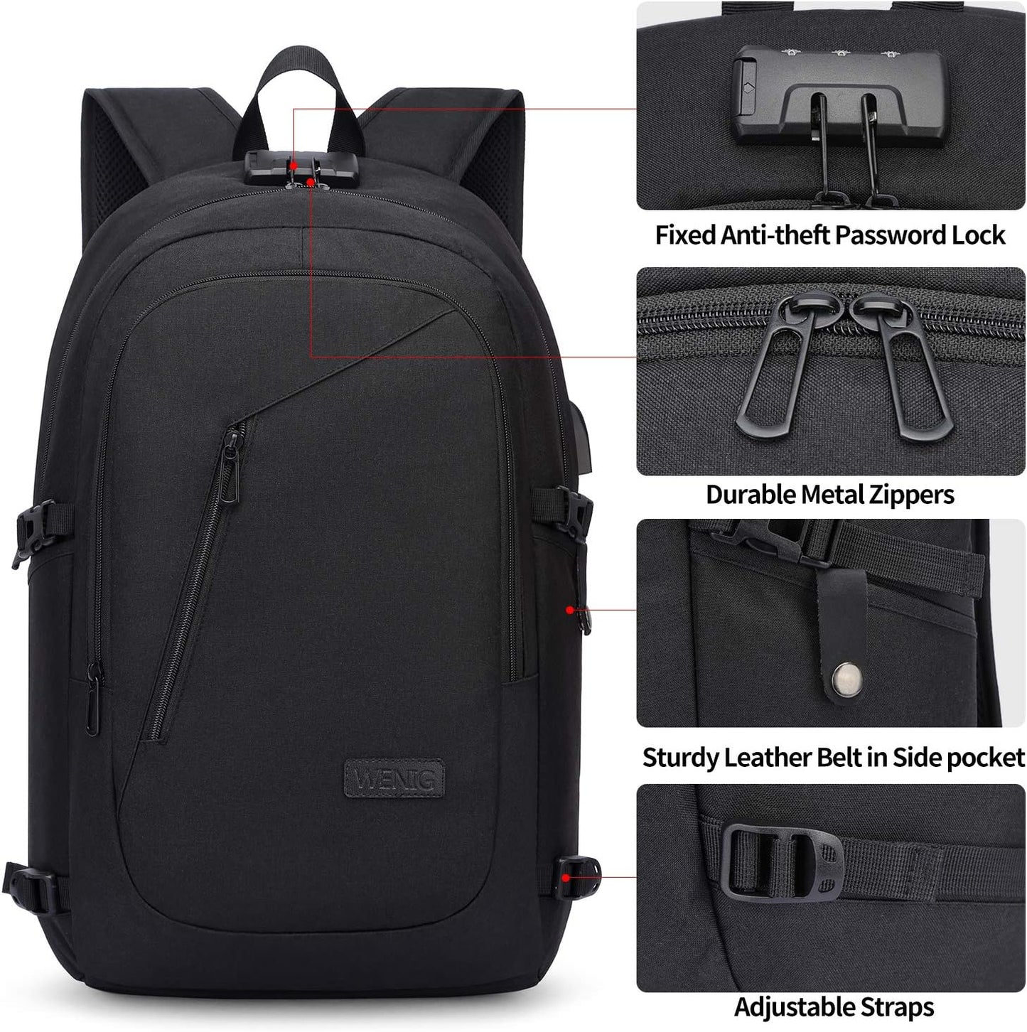 Laptop-Rucksack mit USB-Port, Gepäckgurt, 17 Zoll Schwarz-1