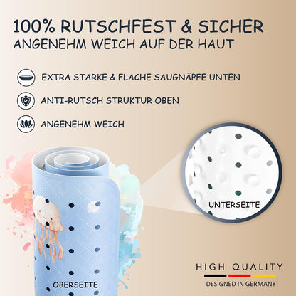Antirutsch Badewannenmatte Kinder, 100 x 40 cm (Rechteckig) Rochen Unterwasserwelt Blau
