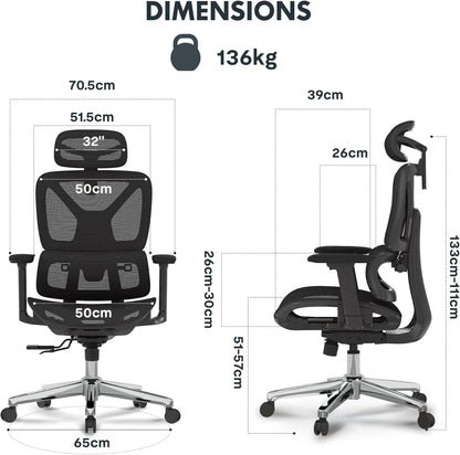 Ergonomischer Bürostuhl mit 3D-Armlehnen und Kopfstütze, Schwarz Lite