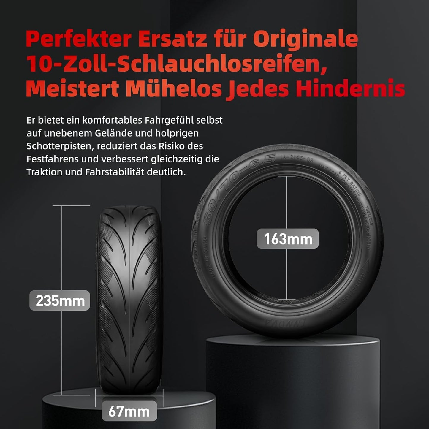 Tubeless Ersatzreifen für Elektroroller 10 Zoll, Tubeless-Reifen 1 Stück