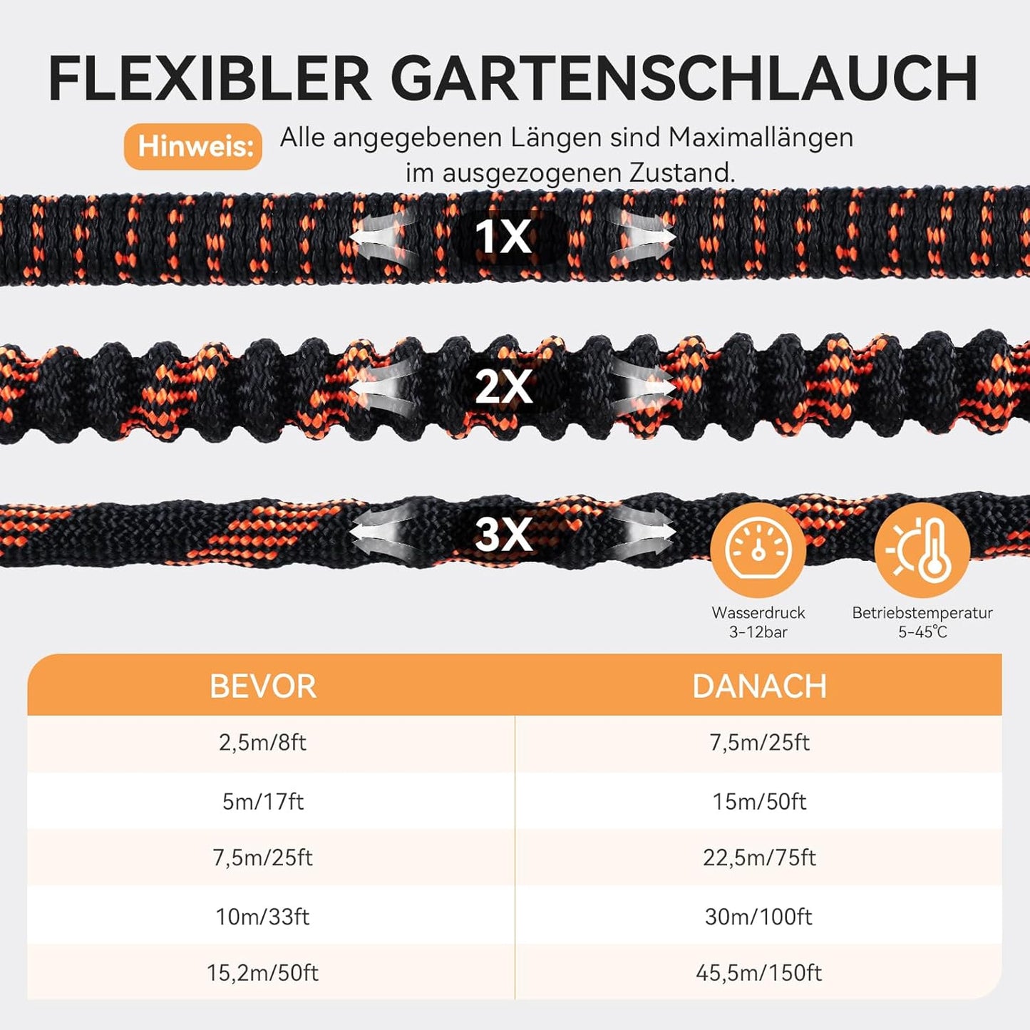 Flexibler Gartenschlauch mit Metallanschlüssen, 15M/50FT Schwarz-orange