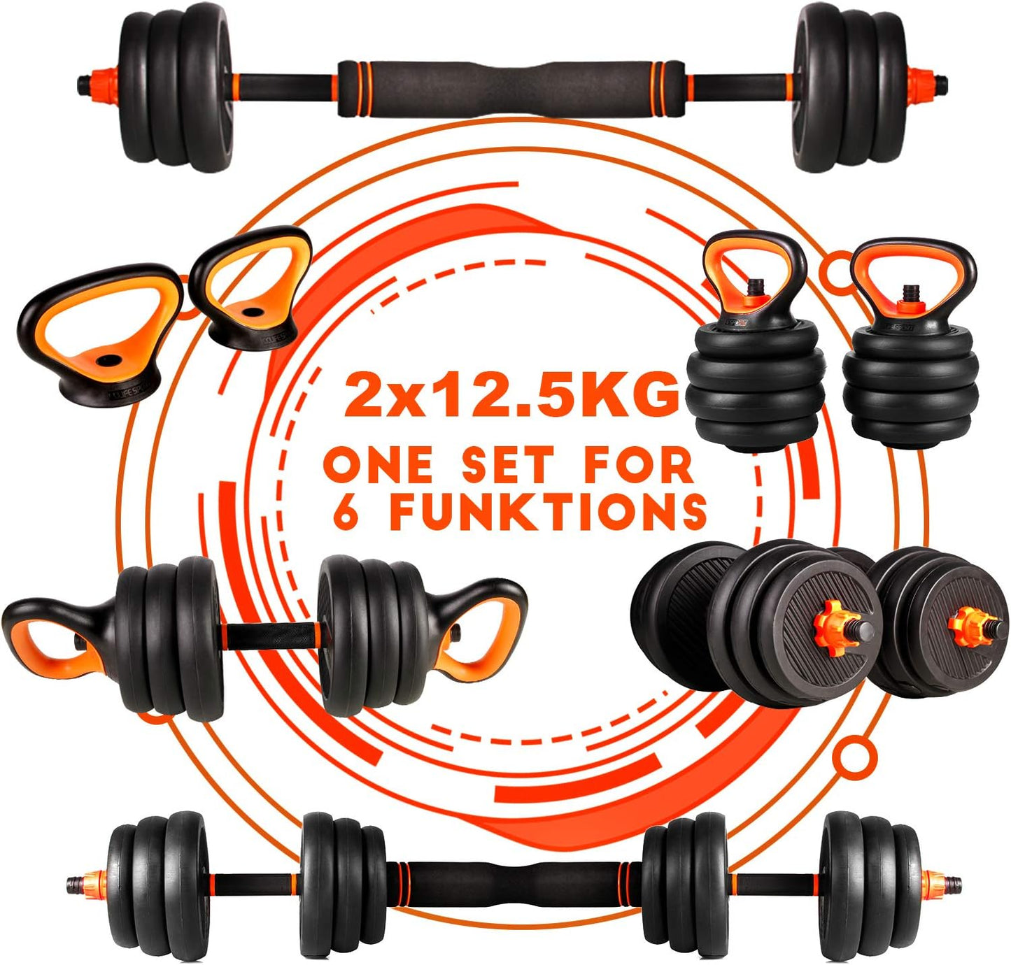 Hanteln Set: Kurzhanteln und Langhanteln, Orange-25kg