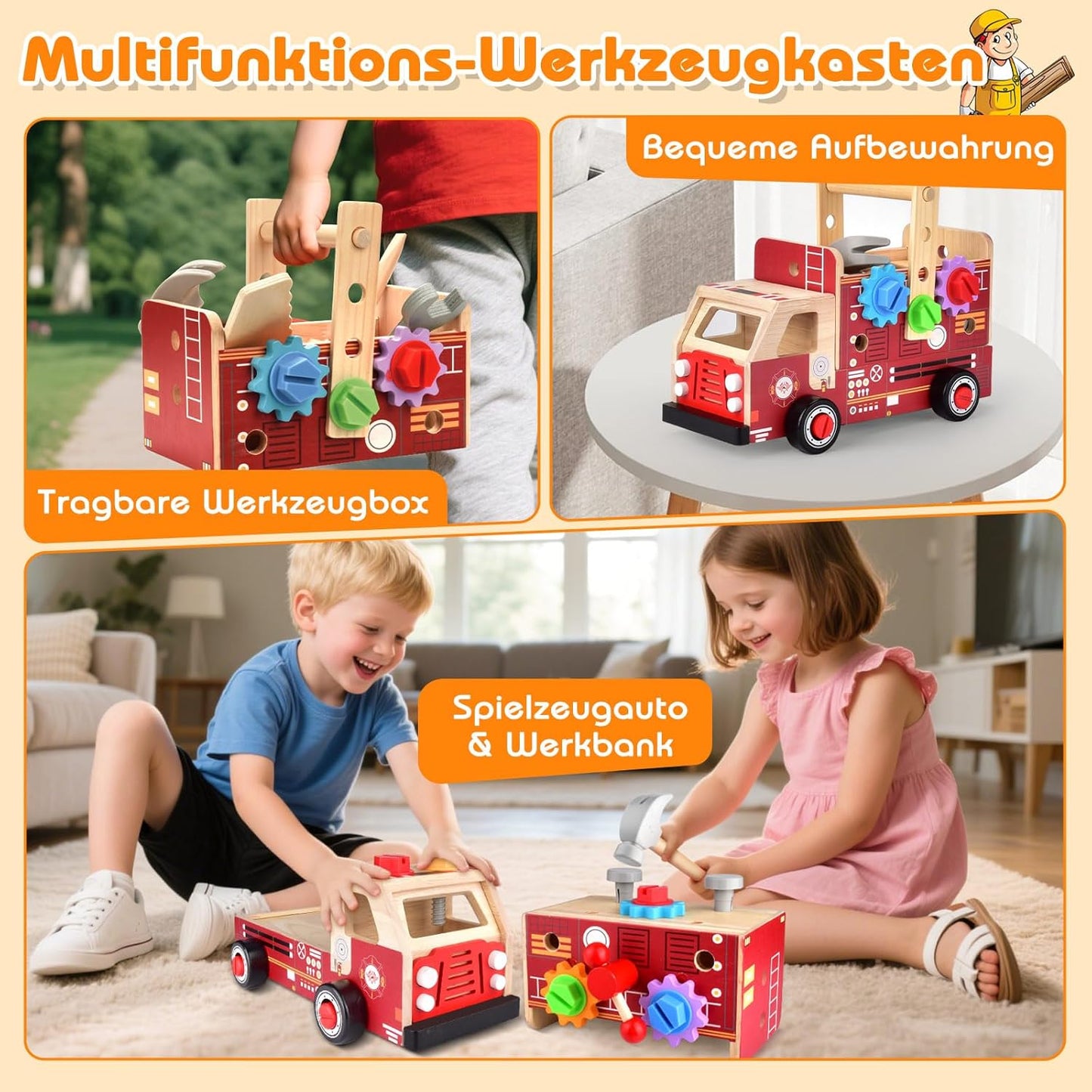 2-in-1 Werkzeugkoffer für Kinder, 2-in-1 Feuerwehrauto