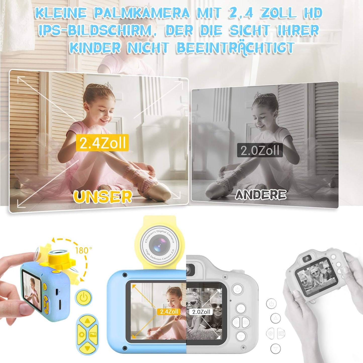 Kinderkamera mit 180° Flip-Objektiv & IPS-Bildschirm, Blau