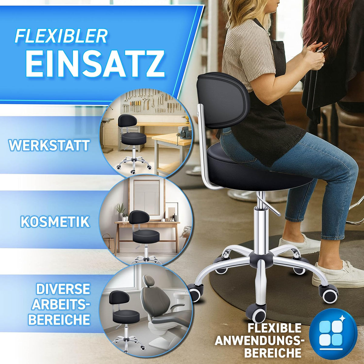 Höhenverstellbarer Rollhocker mit Lehne, Schwarz