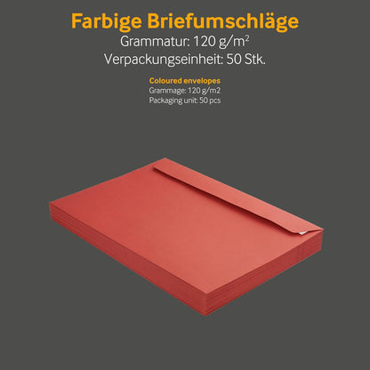 50 rote Briefumschläge DIN C4 mit Haftklebung, DIN C4 Rot-50