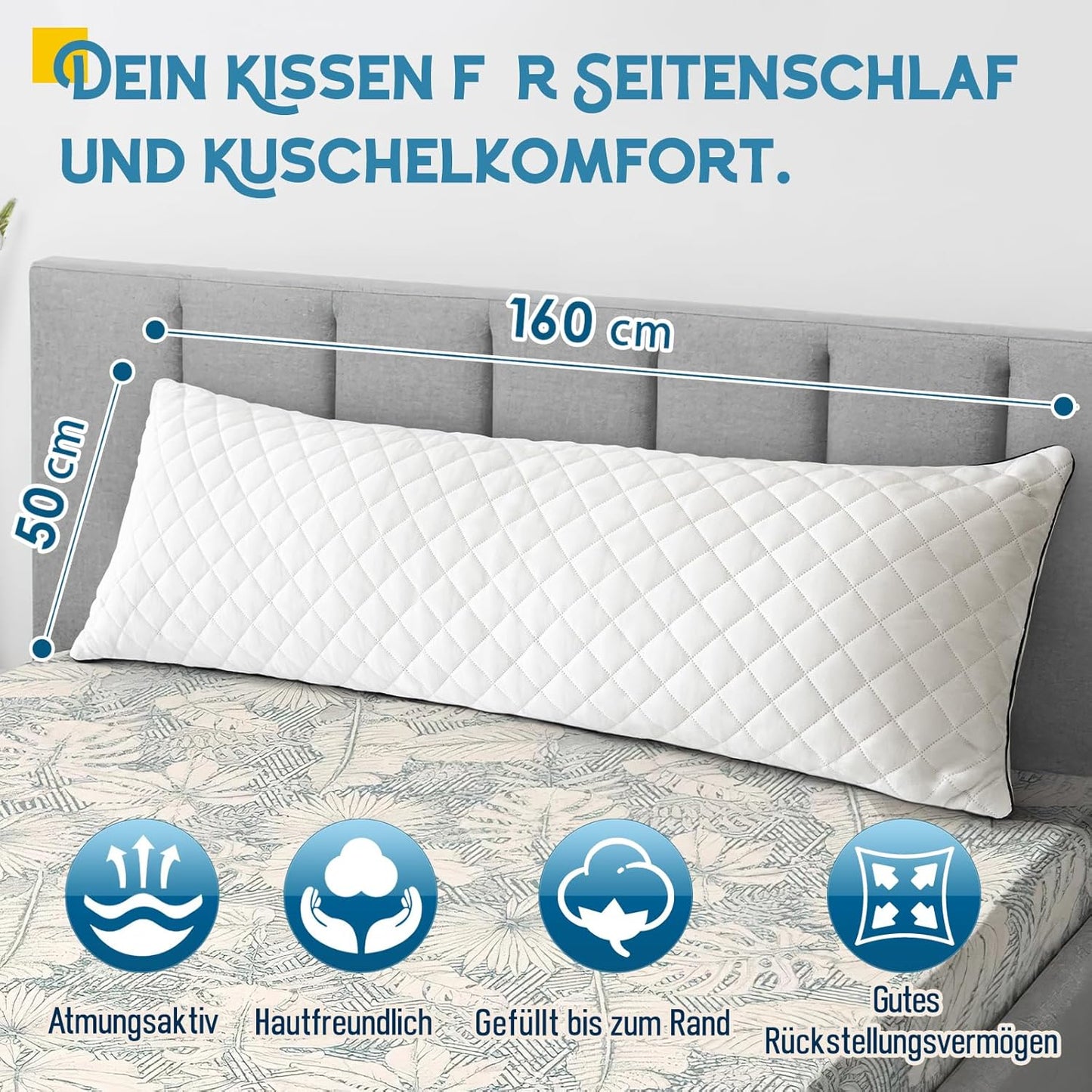 Ergonomisches Ganzkörperkissen für Seitenschläfer, 160 x 50 cm Weiss-memory Foam