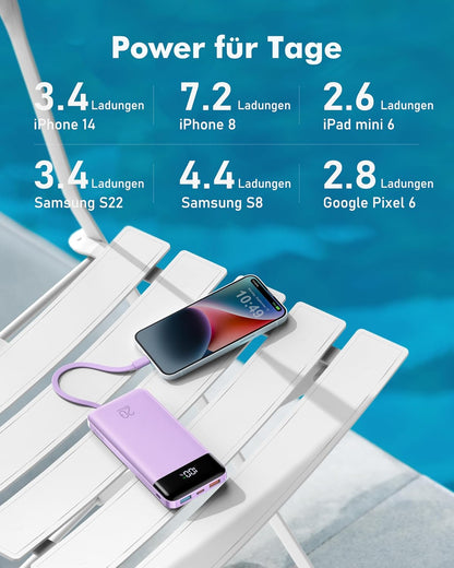 Powerbank mit 3 verschiedenen Ausgangskabeln, 20000mAh Lila