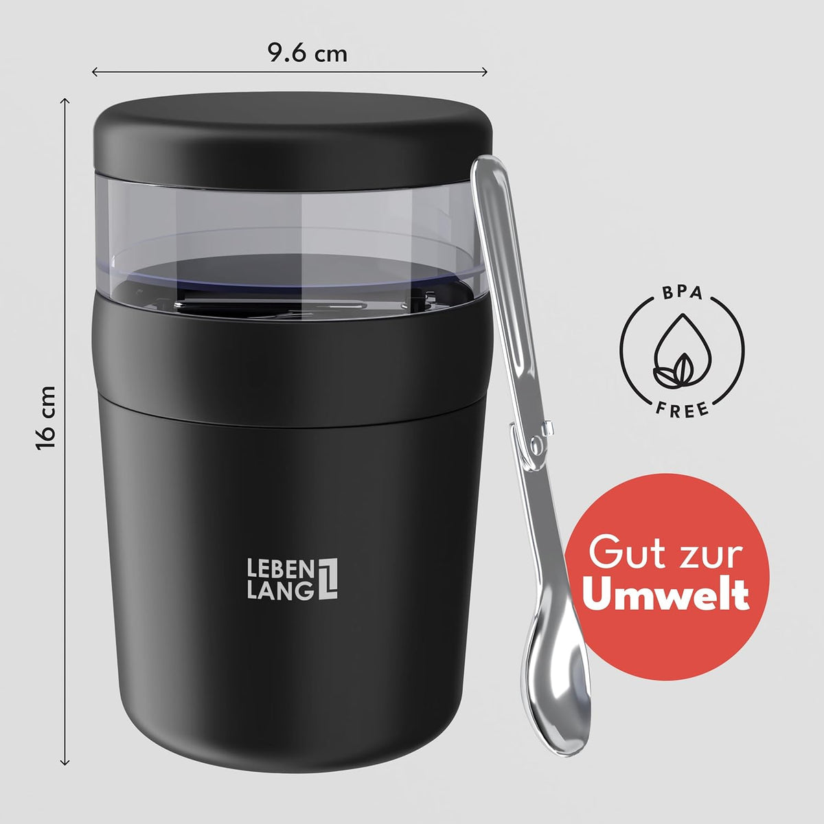 Müslibecher To Go mit Löffel, Schwarz 500ml + 150ml