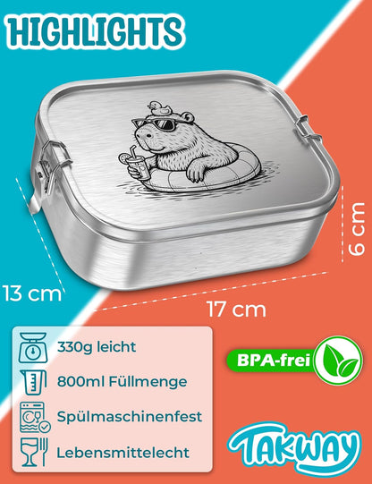 Edelstahl Brotdose mit 3-Fach Unterteilung (800ml), Capybara 3-Fächer