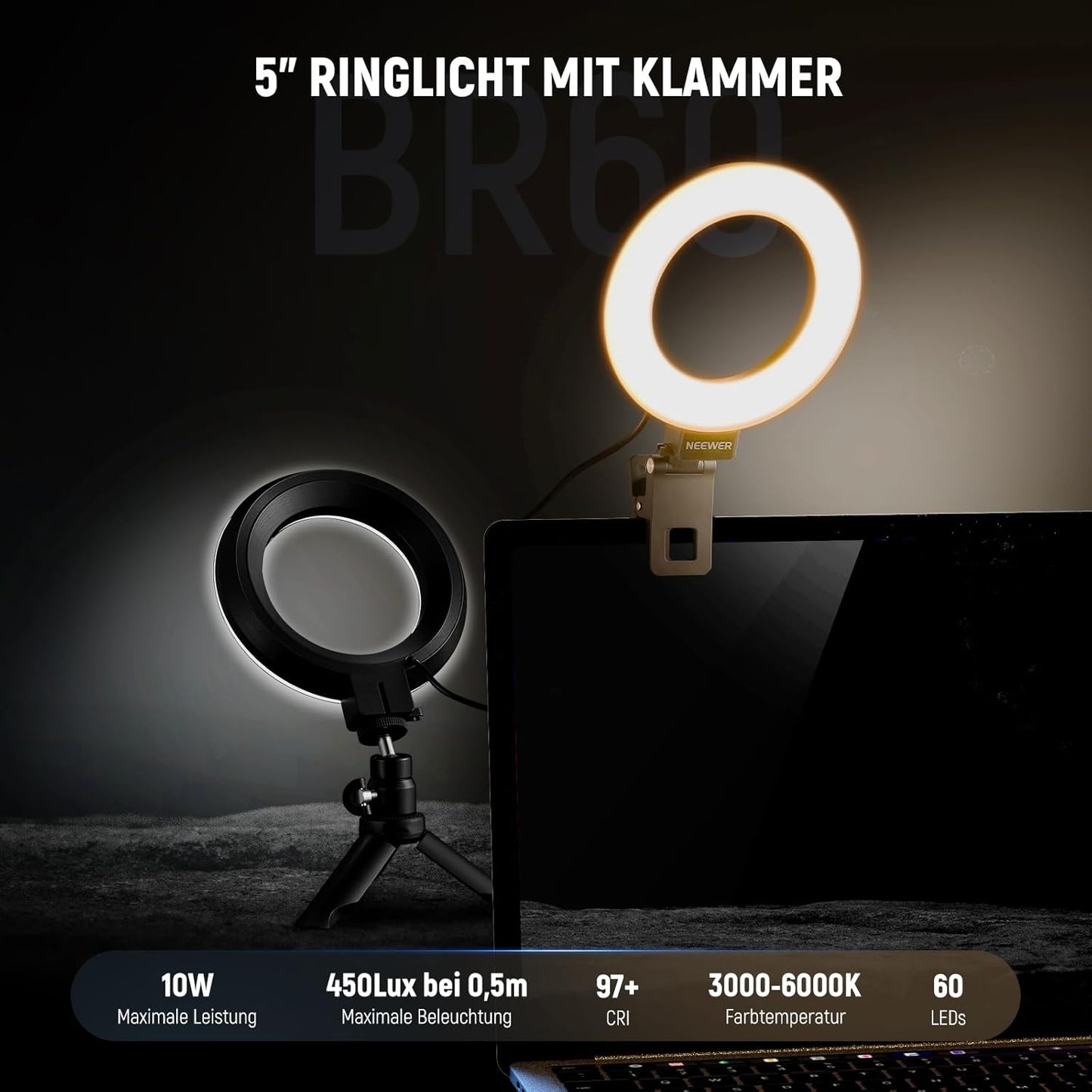 Dimmbares Ringlicht mit Klemme und Tischstativ, BR60 mit Tischstativ