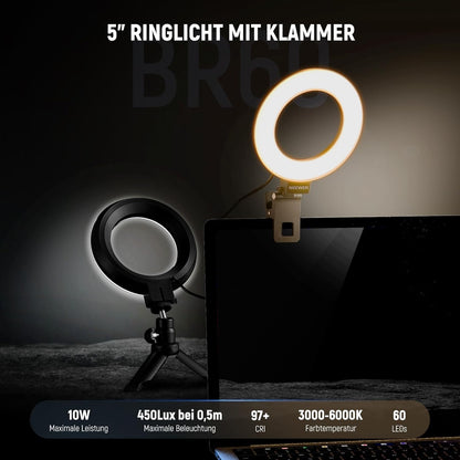 Dimmbares Ringlicht mit Klemme und Tischstativ, BR60 mit Tischstativ