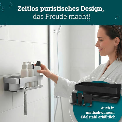 Duschablage ohne Bohren mit Haken & Ablaufrillen, Edelstahl Gebürstet