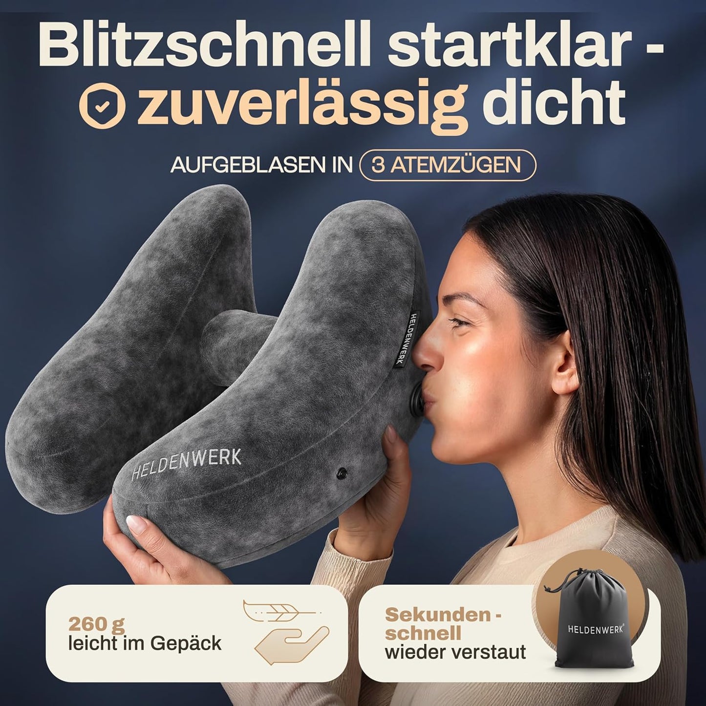 Aufblasbares Nackenkissen mit abnehmbarer Kapuze, Grösse M, Dunkelgrau Klein - für zierliche Frauen und Teenager