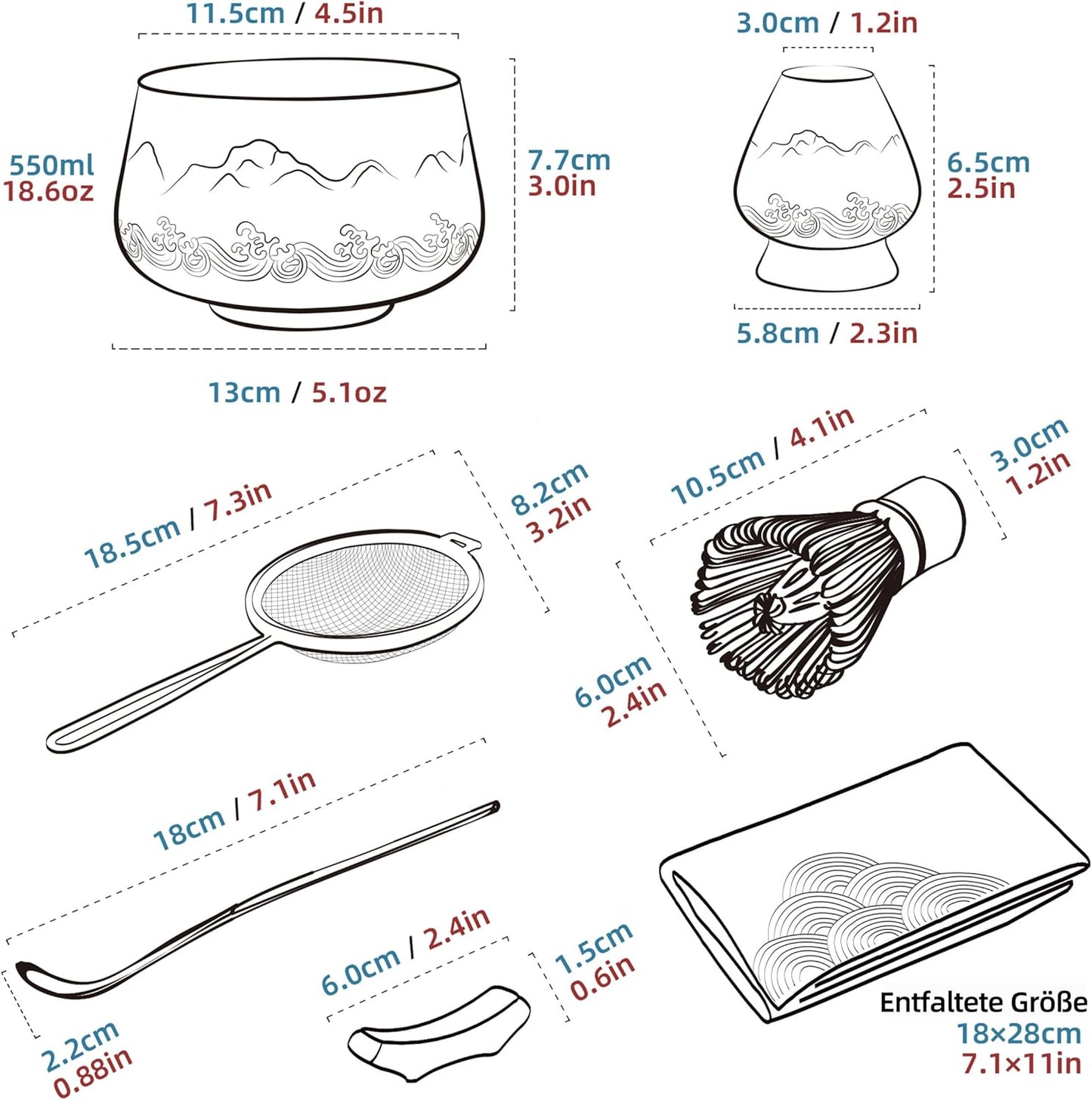 Matcha Tee Set - Komplettset (7-teilig), Berge und Meere schnitzen, Farbverlauf Rosa