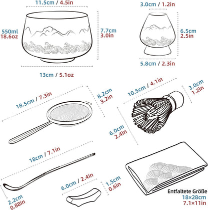 Matcha Tee Set - Komplettset (7-teilig), Berge und Meere schnitzen, Farbverlauf Rosa