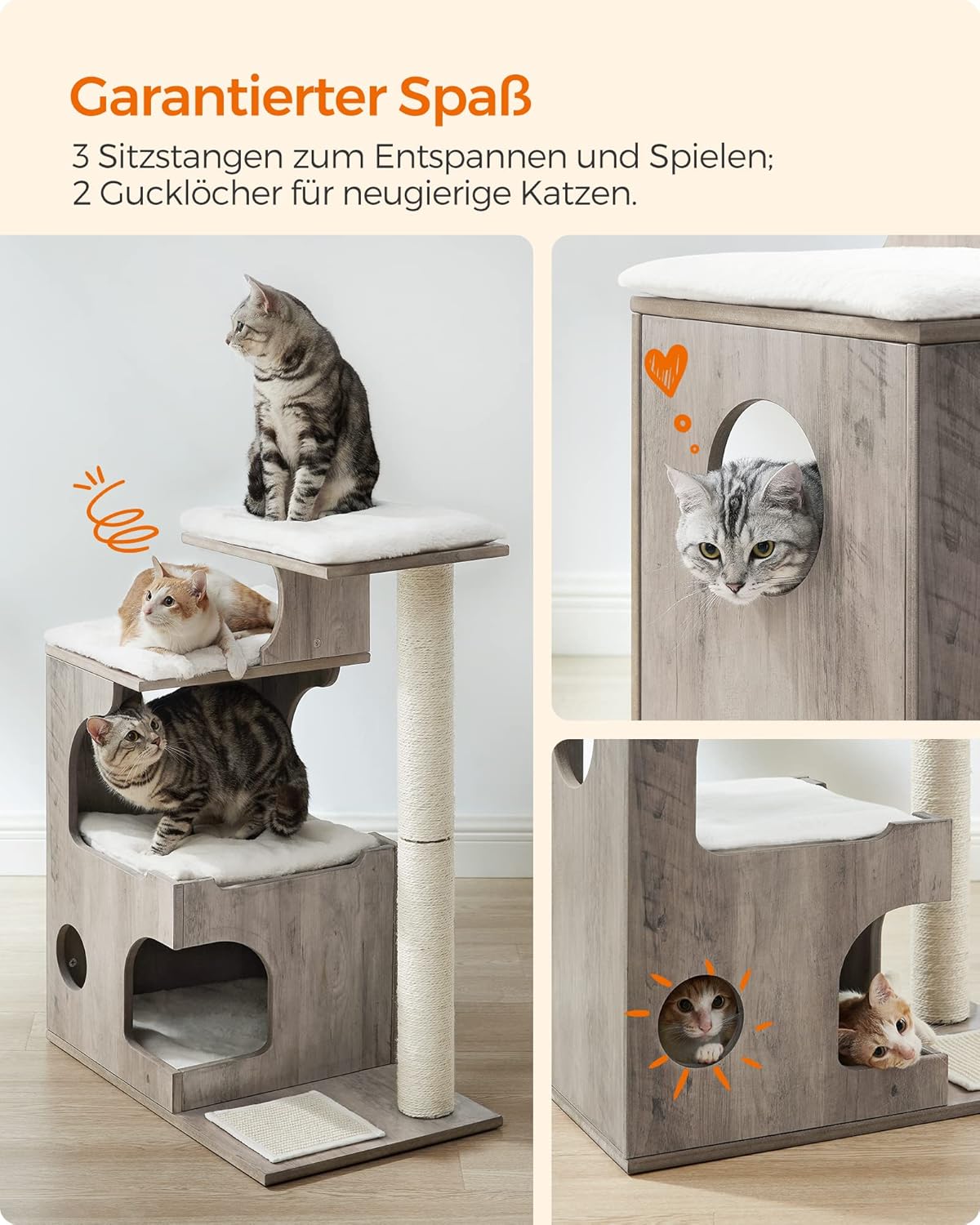 Kompakter Katzenkratzbaum mit Höhle und Liegeflächen, greige