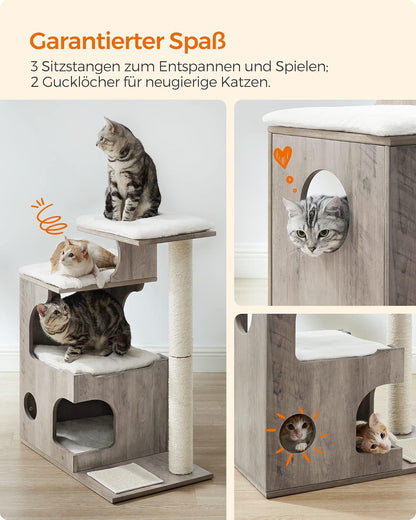 Kompakter Katzenkratzbaum mit Höhle und Liegeflächen, greige
