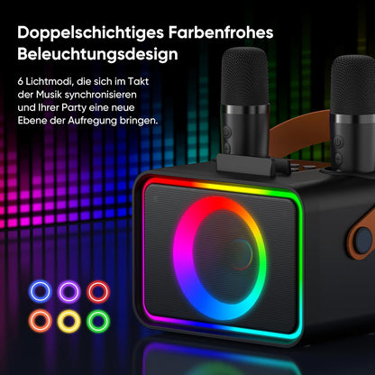 Tragbare Karaoke Maschine mit 2 Mikrofonen, Mattschwarz-2 Mikrofone