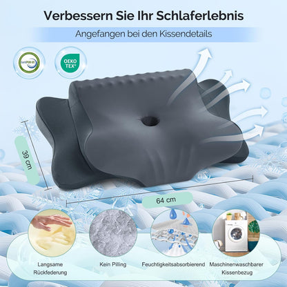 Ergonomisches Nackenstützkissen für Seiten-, Rücken- und Bauchschläfer, Dunkelgrau 64 x 39 x 13 cm