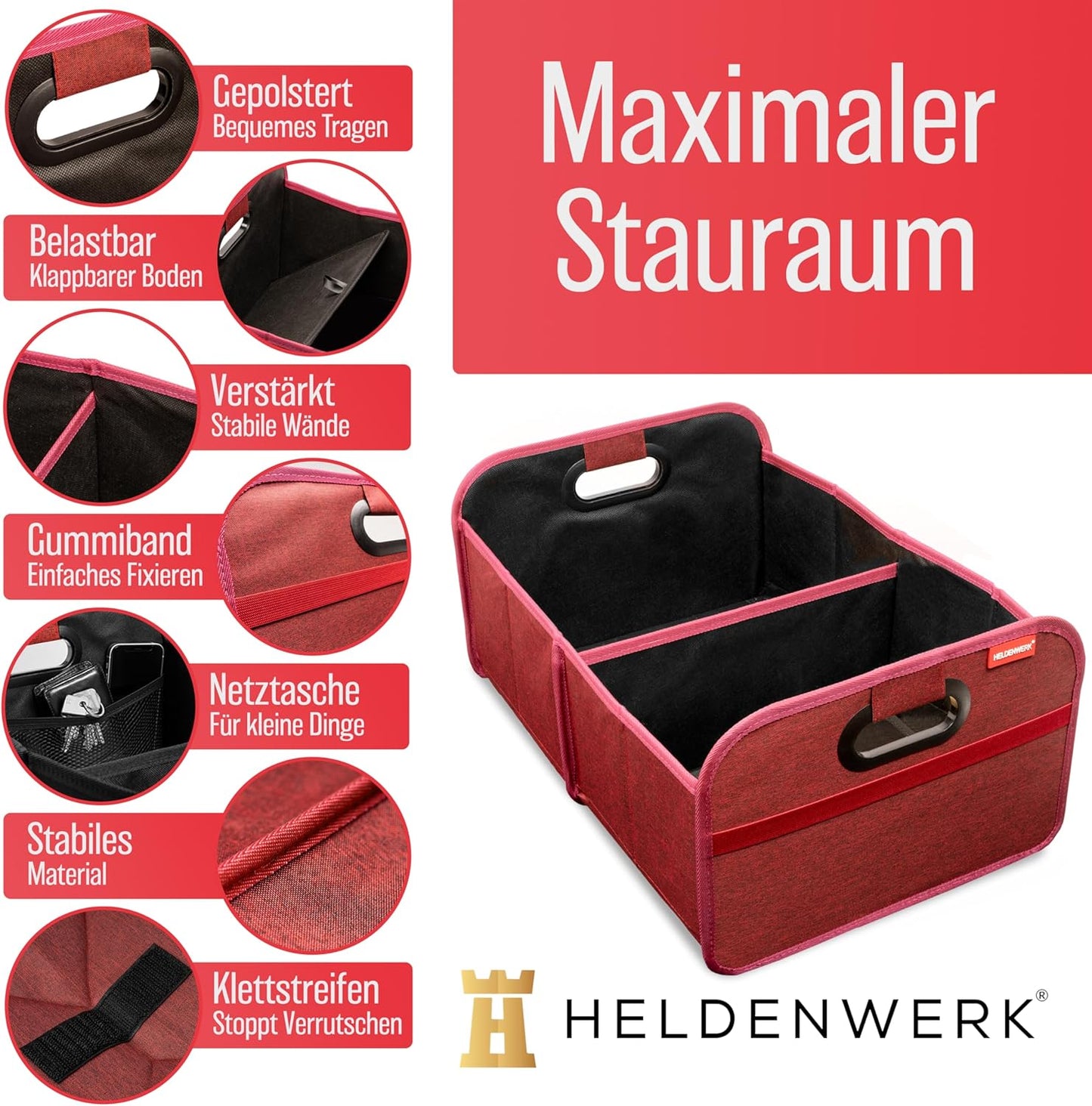 Faltbare Kofferraumtasche mit Anti-Rutsch-Klett, Rot