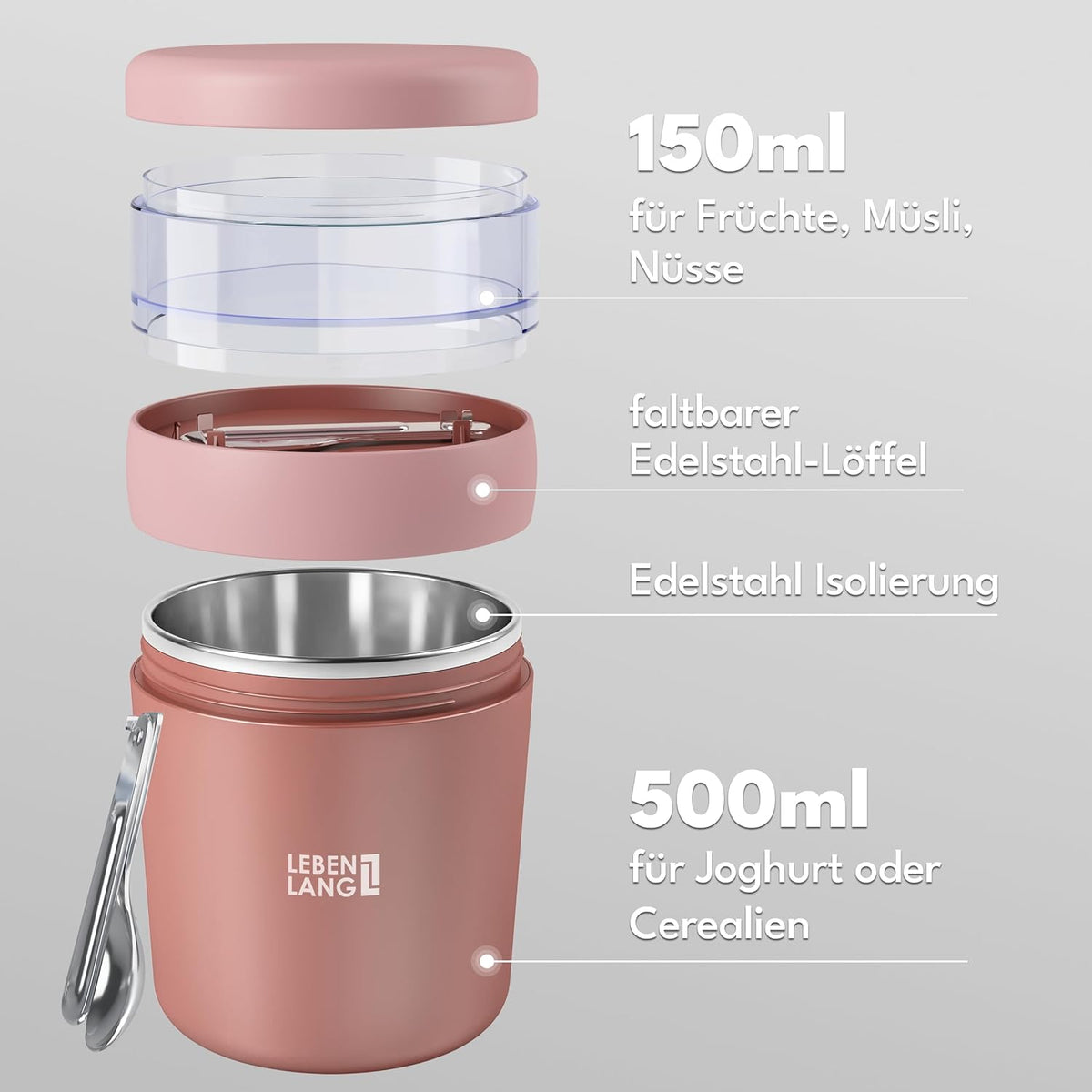 Müslibecher To Go mit Löffel, Rosa 500ml + 150ml