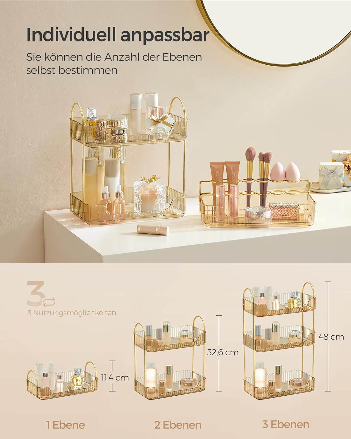 Make-up Organizer mit 3 Ebenen, Champagnergold