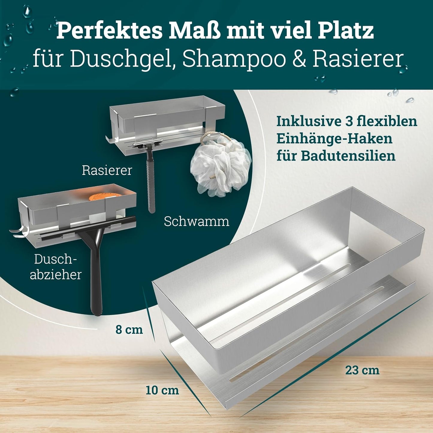 Duschablage ohne Bohren mit Haken & Ablaufrillen, Edelstahl Gebürstet