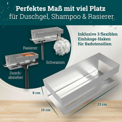 Duschablage ohne Bohren mit Haken & Ablaufrillen, Edelstahl Gebürstet