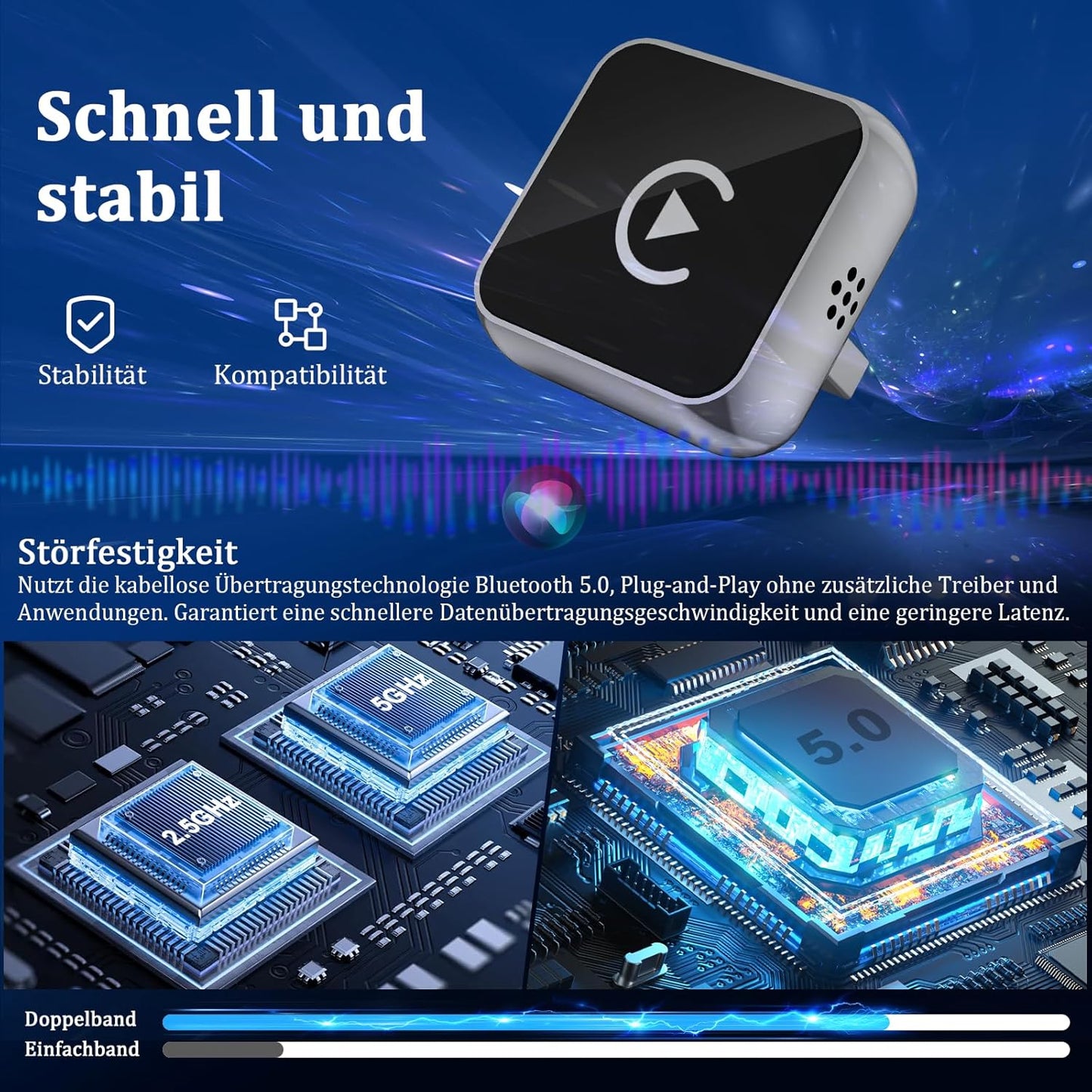 2-in-1 Carplay & Android Auto Wireless Adapter, Tiefschwarz