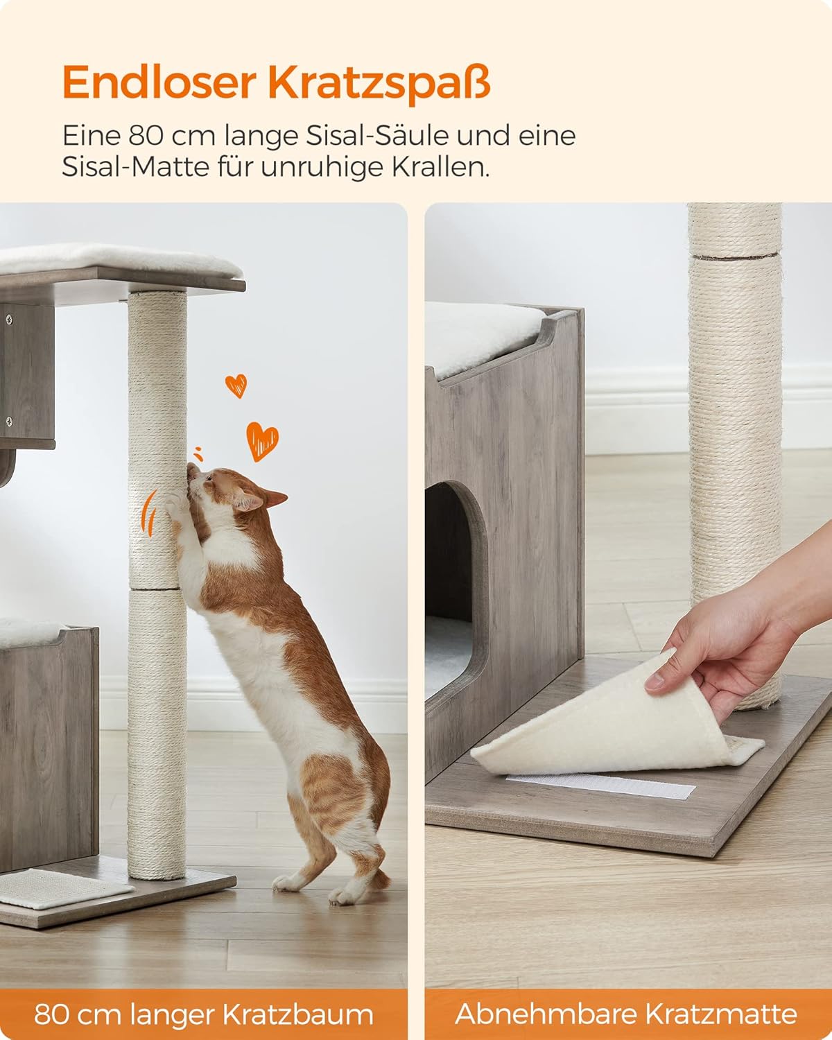 Kompakter Katzenkratzbaum mit Höhle und Liegeflächen, greige