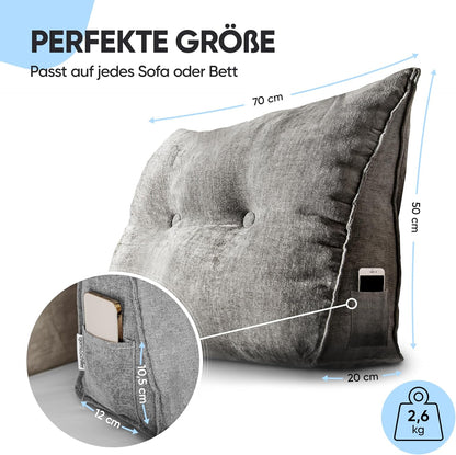 Lesekissen mit abnehmbarem Bezug und Seitentasche, Grau 70 cm