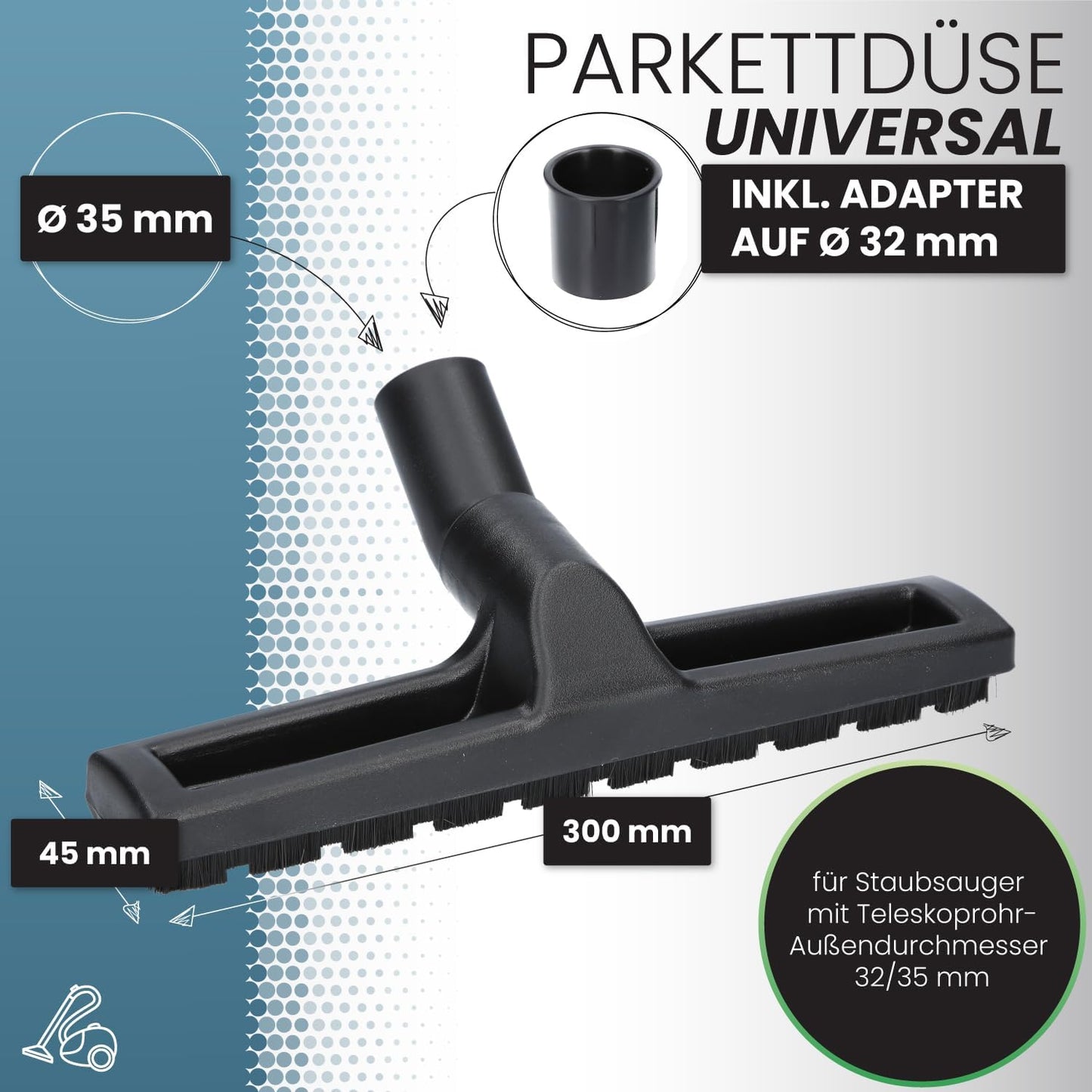 Universal Hartbodendüse für Staubsauger (32-35mm), Parkettdüse Nylonhaar