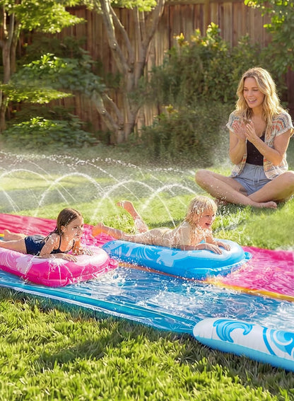 Extra lange Doppel-Wasserrutsche mit Sprinkler (32,5ft), 990.6cm Blau, Rosa