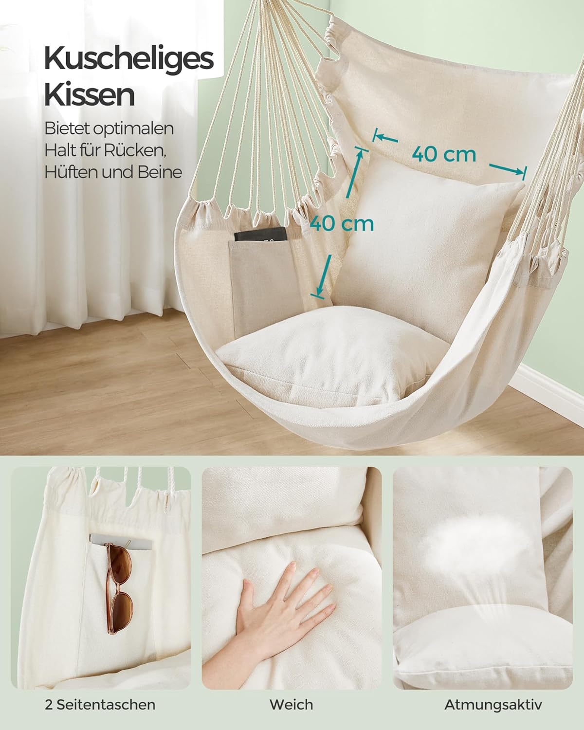 Hängesessel mit Kissen und Metallkette, Cremeweiss Legierter Stahl